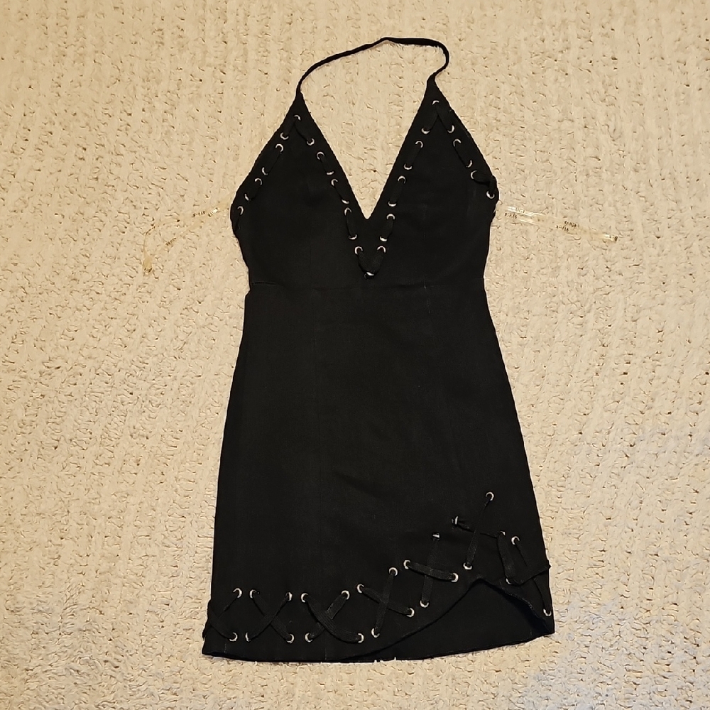 Black Denim Cocktail Dress with Plunge Halter Neckline
